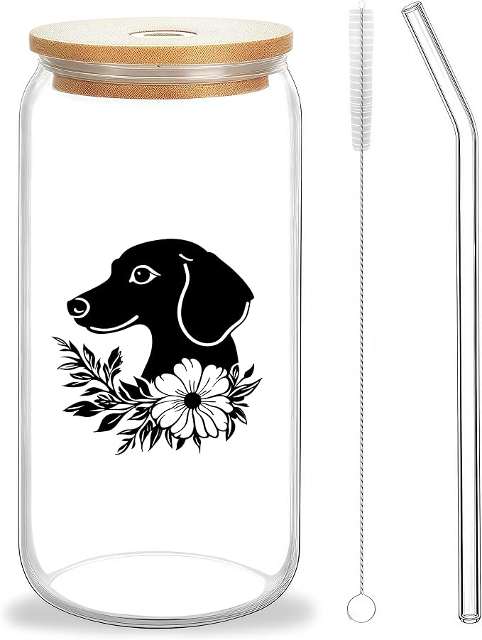 Cute Dachshund Glass Cup With Lids And Straws, Dachshund Gift For Women, Iced, Coffee, Smoothie, Cocktail, Beer, Whiskey, Soda, Matcha,16 Oz, Home Office Table Desk Decoration!