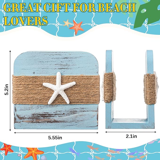Natural Wooden Napkin Holder, Farmhouse Napkin Holders Upright Wooden Tissue Dispenser for Kitchen Dining Room Table Decor Indoor & Outdoor Use (Beach Style,Blue)