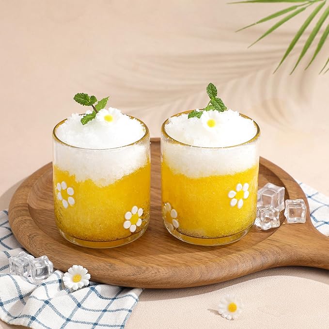 Icon Juice Glasses, 14oz Stemless Wine Drinking Juice Glass Cup for Valentine Party Supplies Gift(2 Pcs,Flower)