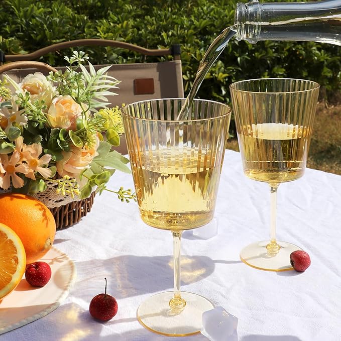 12 PCS Gold Ribbed Plastic Wine Glasses 13.5 OZ Ribbed Wine Glasses Detachable Wine Glass Elegant Fluted Glassware Vintage Style for Wedding Anniversary Birthday Dinner Parties