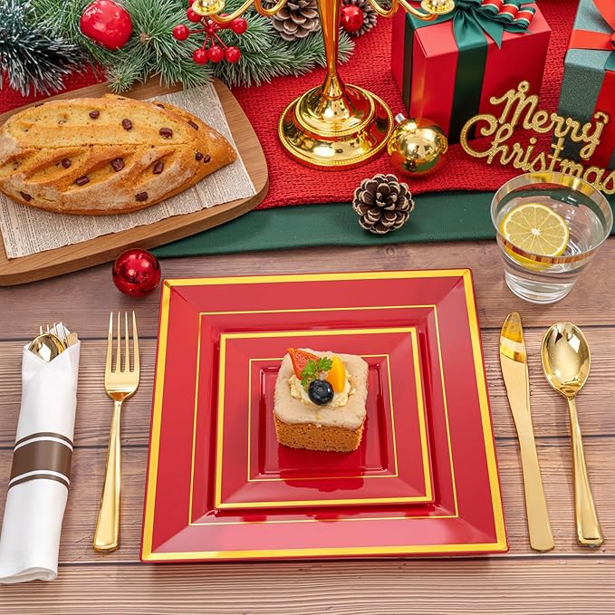 Liacere 100PCS Red and Gold Square Plastic Plates-50PCS Heavy Duty 9.5inch Disposable Dinner Plates and 50PCS 6inch Red Dessert Plate - Gold Plastic Plate for Party&Wedding&Valentine's Day