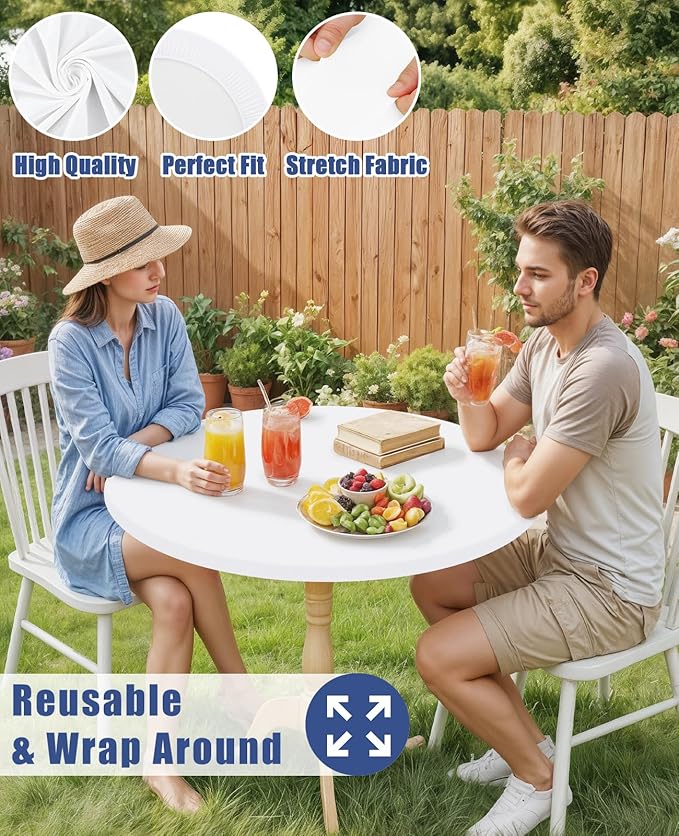 Round Spandex Tablecloth 2 Pack, Elastic Fitted Waterproof Tablecloths for 45"-56" Tables, Stretch Washable Picnic Table Cover for Camping, Dining, Indoor and Outdoor, White
