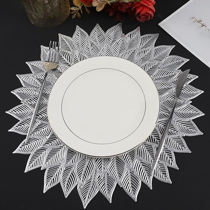Placemats Set of 6, Round Hollow Out Flowers Place Mats for Dining Table Pressed Vinyl Blooming Leaf Table Mats for Holiday Party Wedding Accent Centerpiece Dinner Table Decoration (Silver)