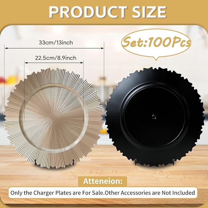 PROY 100 Pcs 13 Inch Gold Charger Plates Bulk, Elegant Fluted Edge Plastic Charger Plates Reusable Table Chargers, Round Gold Chargers Dinner Plate Wedding Decoration
