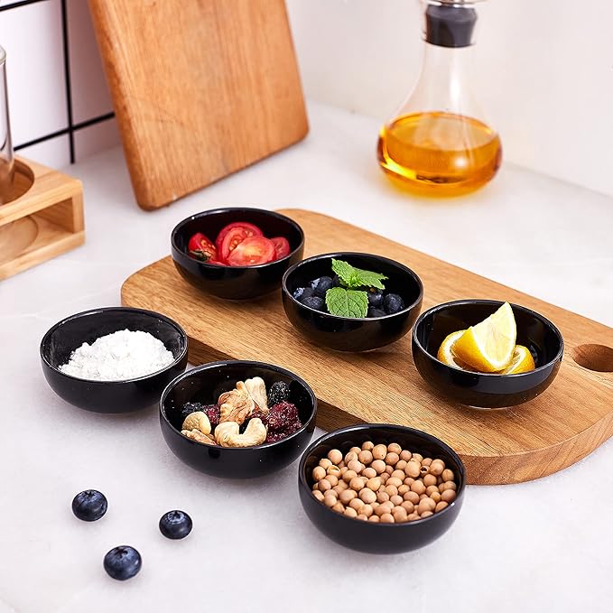 Ceramic Pinch Bowls,2.7 oz Mini Prep Dip Bowl Set,Small Dipping Salsa Charcuterie Soy Sauce Side Dish for Sushi,Set of 6(Black)