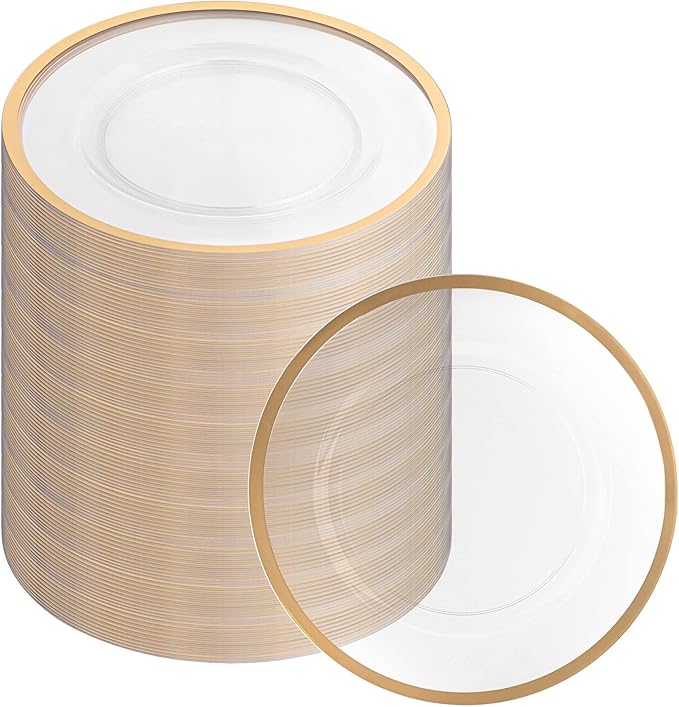 PARTY BARGAINS 13-Inch Charger Plates - 96 Pack, Clear Gold Rim, Heavy-Duty Disposable Chargers for Elegant Dining - Ideal for Weddings and Formal Events