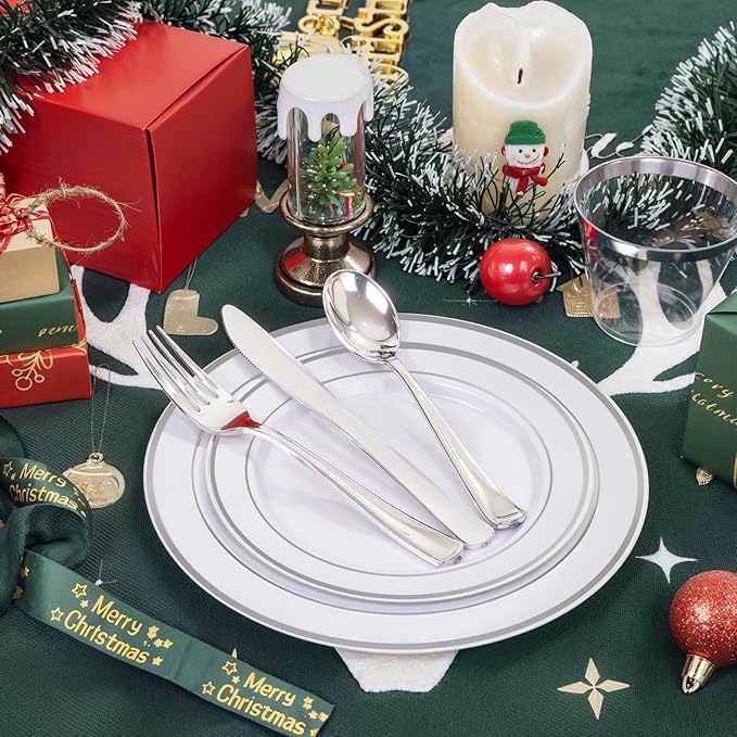 bUCLA 350PCS Silver Plastic Dinnerware Set for 50 Guests - Silver Plates Disposable Include 50 Dinner & 50 Dessert Plates,50 Forks,50 Knives,50 Spoons,50 Cups,50 Napkins for Party & Christmas