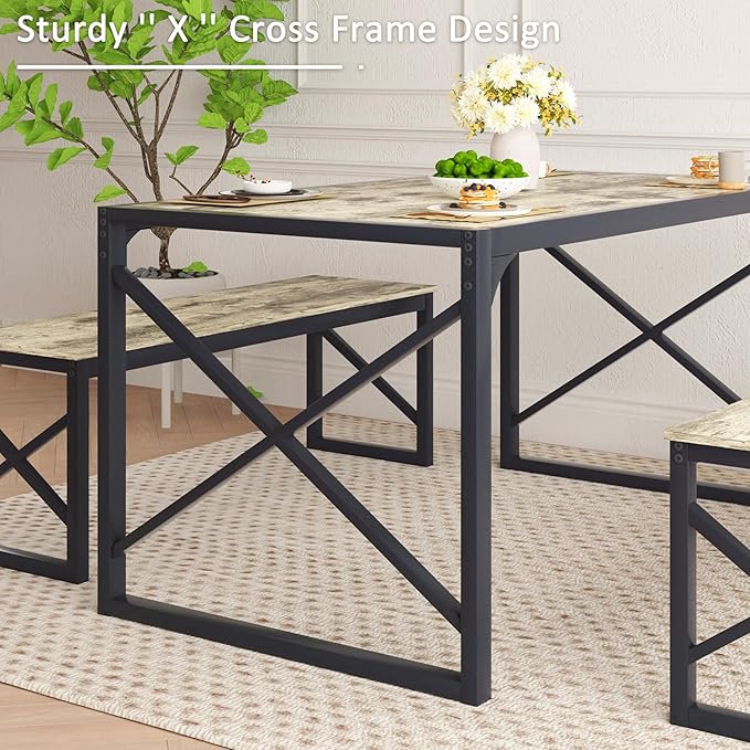 VECELO Kitchen Dining Table Sets for 6, 55" Wood Dinette 2 Benches with Metal Frame for Dinner Breakfast Nook and Small Space, Grey