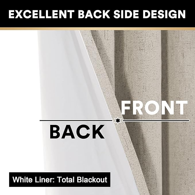 PrinceDeco 100% Blackout Curtains Linen Blackout Curtains 84 Inches Long for Dining Room Grommet Soundproof Window Treatment Drapes for Hall Room, 52" Wide Per Panel, Set of 2，Cobblestone