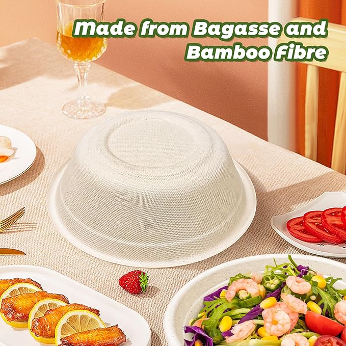 Large Disposable Paper Bowls-32oz for Hot Soup,150 Pack Eco-Friendly, Compostable Bagasse Disposable Heavy Duty Biodegradable Bowls Bulk for Hot Food, Salad, Milk Cereals