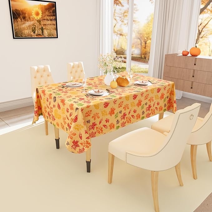 Smiry Fall Rectangle Table Cloth, Waterproof Vinyl Tablecloth with Flannel Backing, Wipeable Autumn Leaves Plastic Tablecloths for Harvest and Thanksgiving Parties, (60"x120", Rust & Yellow)