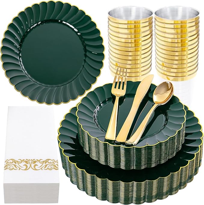 YOUBET 175PCS Green Scalloped Plastic Plates - Green and Gold Disposable Dinnerware Set Include 50 Plates, 75 Gold Silverware, 25 Cups, 25 Napkins for Party & Wedding