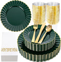 YOUBET 175PCS Green Scalloped Plastic Plates - Green and Gold Disposable Dinnerware Set Include 50 Plates, 75 Gold Silverware, 25 Cups, 25 Napkins for Party & Wedding