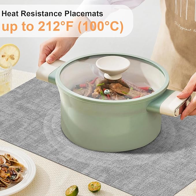 Faux Leather Placemats Set of 6, Heat Resistant Wipeable Washable Vinyl Place Mats, Waterproof Anti-Slip Dining Table Mats, Suitable for Indoor & Outdoor Use (Light Grey)