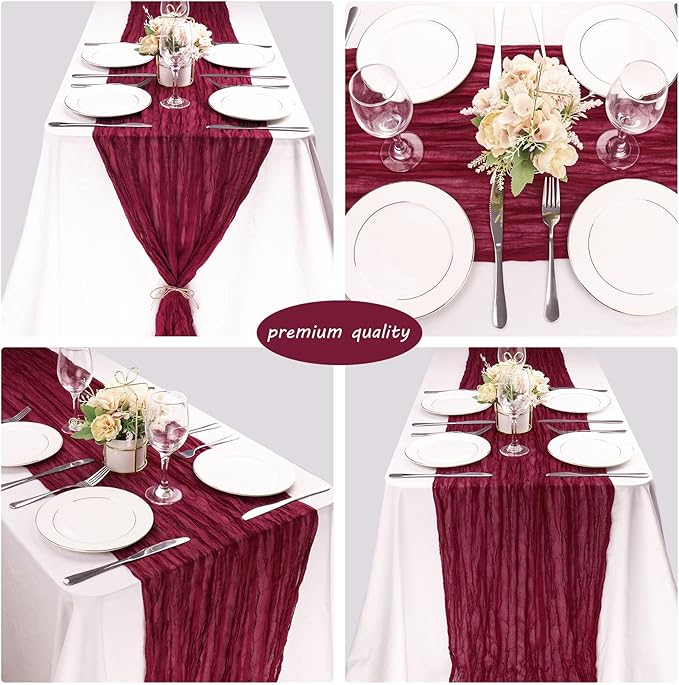 12 Pack 10Ft Cheesecloth Table Runner 35x120 Inch Boho Gauze Table Runner Rustic Cheese Cloth Long Romantic Table Runners for Wedding Bridal Shower Birthday Party Table Decor (Burgundy)