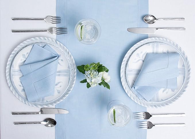 Solino Home Linen Sky Blue Table Runner 48 Inches - Classic Hemstitch, 100% Pure Linen Coffee Table Runner 14 x 48 Inch Ideal for Dresser Tables - Spring, Easter