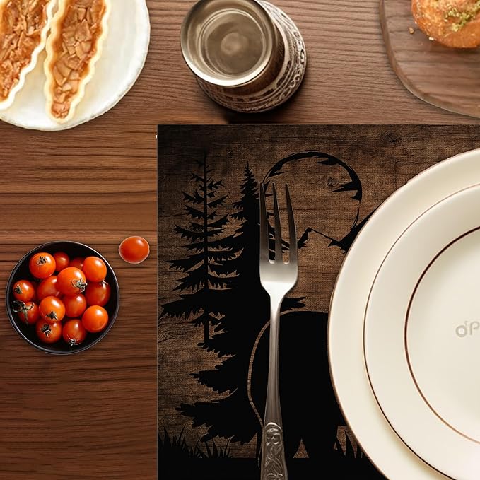 Christmas Bear Lodge Placemats Set of 6,Washable Heat Resistant 12×18 Inch Table Mats Farmhouse Place Mats for Outdoor & Camping Lodge Cabin Decor