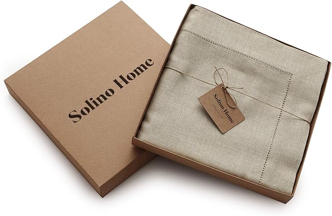 Solino Home Linen Tablecloth 60 x 108 Inch - Classic Hemstitch 100% Pure Linen Natural Table Cloth for Rectangle Tables - Machine Washable Tablecloth for Spring, Easter