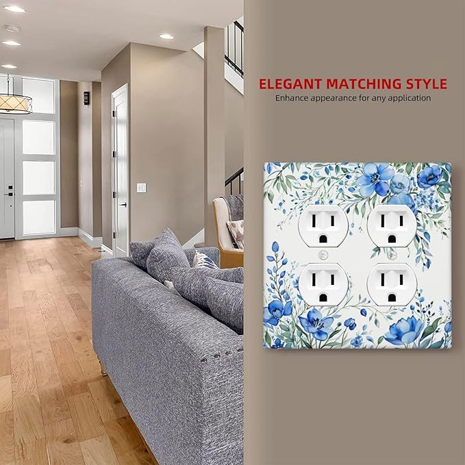 Light Switch Cover Blue Watercolor Flowers Retro Floral Leaves 2 Gang Decorative SwitchPlates Double Duplex Wall Plates Switch Plates and Outlet Covers for Bathroom Bedroom Decor