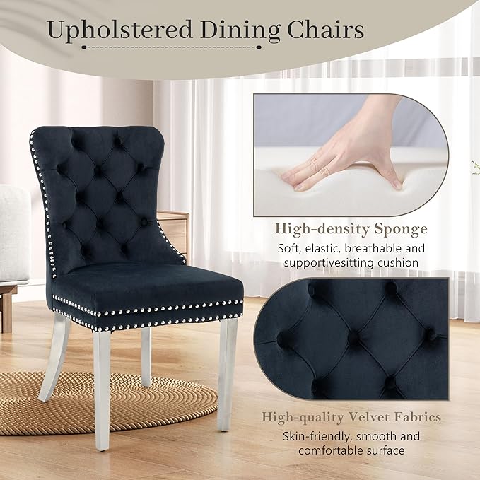 KCC Velvet Dining Chairs Set of 2, Upholstered High-end Tufted Dining Room Chair with Nailhead Back Ring Pull Trim Stainless Steel Legs, Contemporary Nikki Collection Modern Style for Kitchen, Black