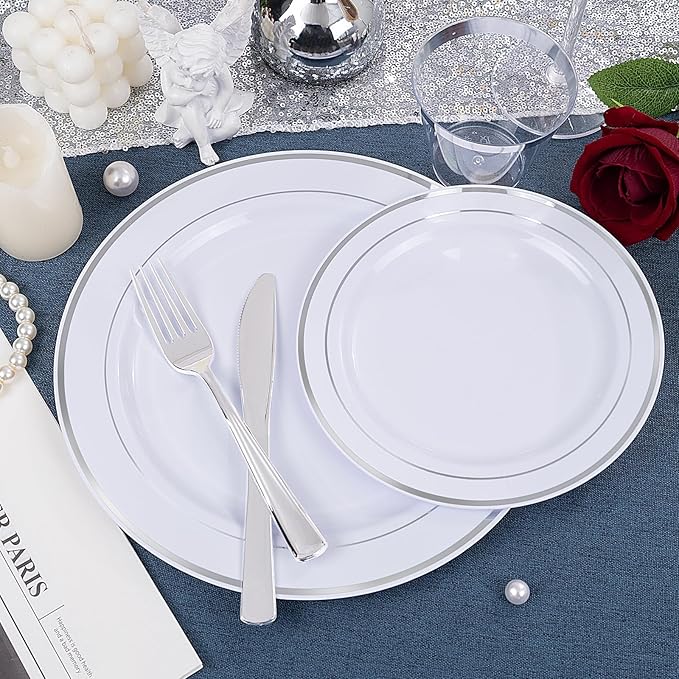 WDF 60PCS Silver Plastic Plates Disposable - Silver Plates Include 30 PCS 10.25inch Dinner Plates and 30PCS 7.5inch Salad Plates for Wedding & Party Christmas