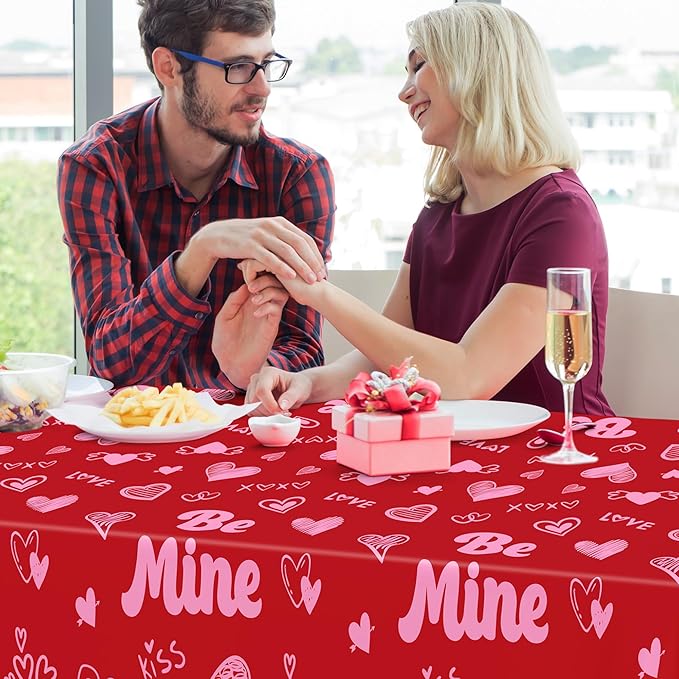 QZYL 6 Pcs Valentines Tablecloth, 54" X 108" Pink Love Heart Plastic Table Cover, Valentines Disposable Rectangle Table Cloth, Valentine's Decorations for Love Wedding Engagement Anniversary Party