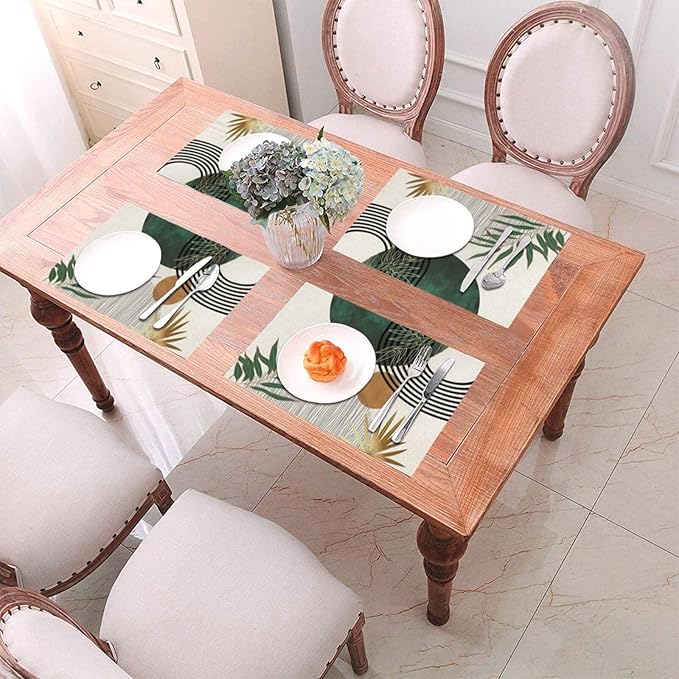 Mid Century Placemats 12x18 Inches Set of 4, Boho Green Gold Tropical Leaf Decorative Rectangle Table Mats for Party Home Kitchen Dining Table Decoration