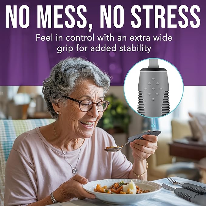 BUNMO Adaptive Utensils for Elderly, Tremors & Weak Hand Grips – 4pc Lightweight Assistive Silverware Set with Foam Easy Grip Handles – Discreet Canvas Travel Wrap – Dishwasher Safe