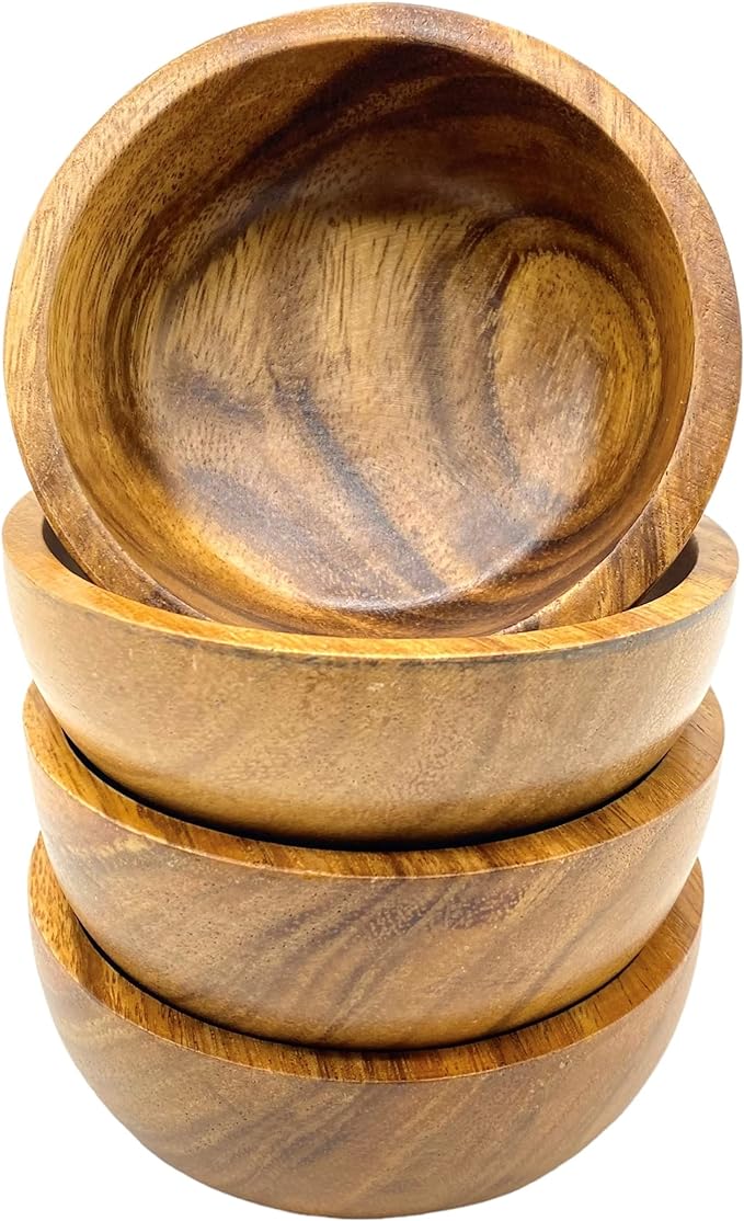 Small Wooden Calabash Bowls – 4.25” Acacia Snack, Dip & Side Dish Set of 4, Rustic Handmade Condiment Serving Bowls, Gift Ready
