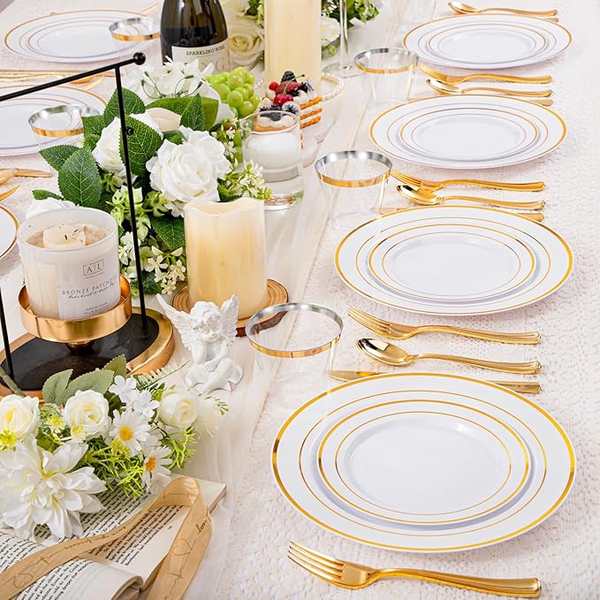 bUCLA 600Pcs White and Gold Plastic Plates - Gold Disposable Dinnerware Set for 100 Guests Include 100 Dinner & 100 Dessert Plates, 100 Cups, 100 Forks, 100 Spoons, 100 Knives for Party