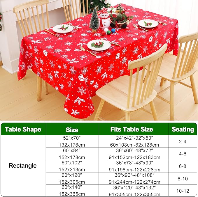 Smiry Christmas Rectangle Table Cloth, Waterproof Vinyl Tablecloth with Flannel Backing, Wipeable Bell & Snowflake Plastic Tablecloths for Christmas Table Decorations, (60"x102", White & Red)