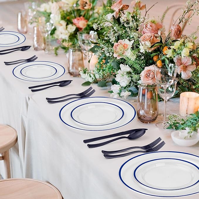 BESTSTAR 200PCS Blue and Clear Plastic Plates, Blue Disposable Plate Set with 100 Dinner Plate and 100 Dessert Plates for Party, National Day