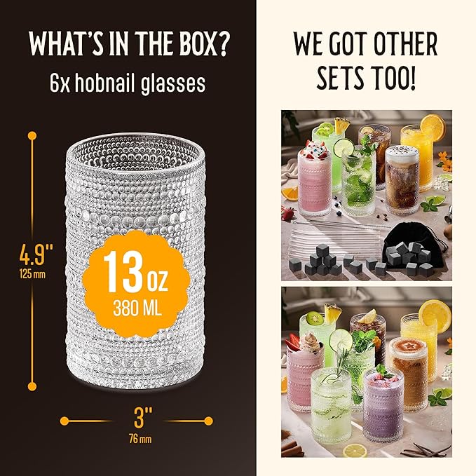 13 Oz Hobnail Drinking Glasses Set of 6 - Clear Multipurpose Glassware Sets, Decorative & Stylish Glasses Drinking Set for Bar, Kitchen, Cocktail Glassware, Garden - Home, Dining, & Kitchen