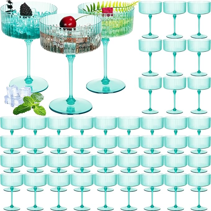 48 Pcs Ribbed Martini Glasses 10 oz Disposable Plastic Vintage Ribbed Coupe Glasses Unbreakable Dessert Parfait Glassware for Wedding Birthday Party Supplies (Light Green)