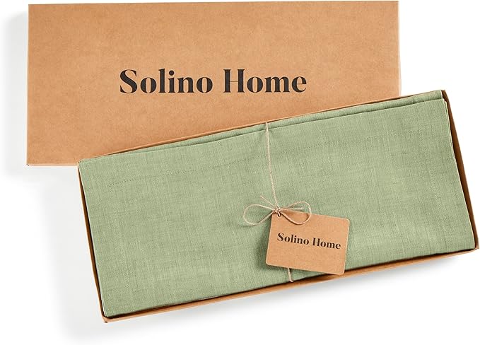 Solino Home Linen Table Runner 90 Inches Long - Athena, 100% Pure Linen Chambray Olive Table Runner 14 x 90 Inch for Dining, Spring, St Patricks Day
