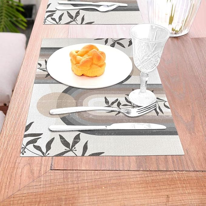 Boho Leaf Mid Century Placematss, Bohemian Plant Mid Century Palm Tropical Abstract Modern Washable Place Mats 12x18Inch for Dining Kitchen Farmhouse Decor 6 PCS