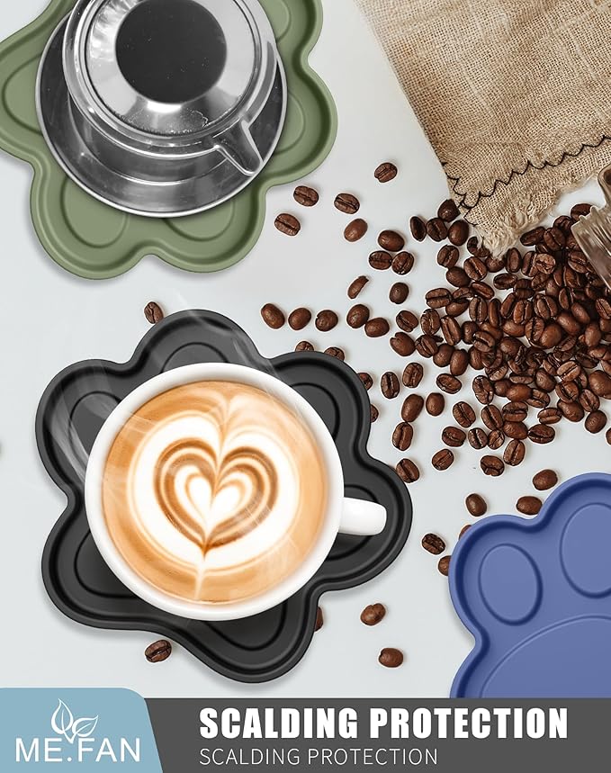 ME.FAN Silicone Coasters 6 Pack Paw Cup Mat with Holder, Dog Cat Paw Shape, for Hot or Cold Drink, Non-Slip, Non-Stick, Room Decor, Housewarming Navy Blue