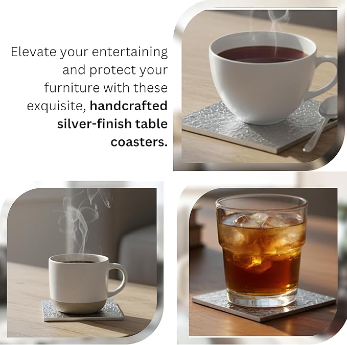 Premium Engraved Table Coaster, Drink Coasters Set of 12-4 Inch Coaster Set for Tabletop, Coffee Table Protection, Home Decor Accent, Non Slip Drink Mats (Silver) - ALPHA Living HOME