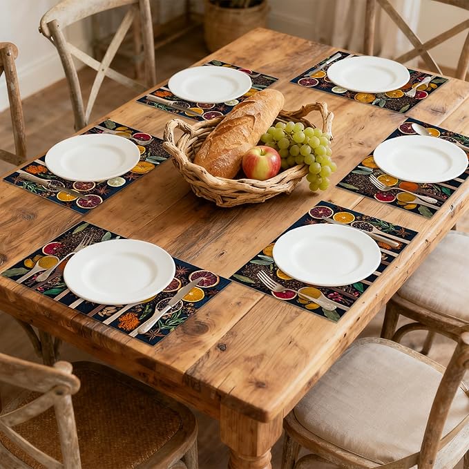 Placemats, Colorful Spices Placemats 12x18 Inch Waterproof Non-Slip Washable Table Mats for Kitchen Dining Party Table Decor,Set of 6