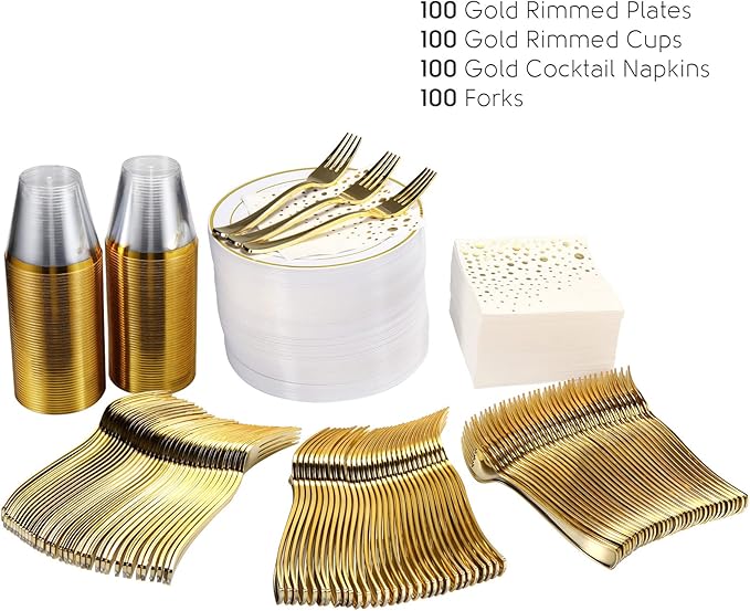 The Essential Concierge Stylish 7.5 Inch Gold Dessert Plates with Disposable Cups, Forks and Cocktail Napkins (100 Set) - White and Gold Plastic Dessert and Cake Plates for Wedding or Receptions
