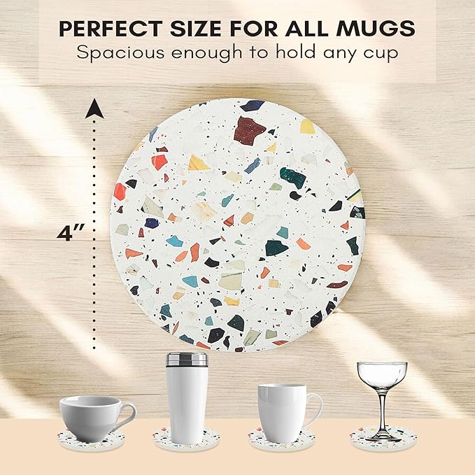 Terrazzo Coasters Set of 6, Ceramic Absorbent Drink Coasters, Cute Moisture Absorbing Coaster, Coffee Table Desk Decor, Colorful Stone Coaster for Drinks (Mosaic with Black Holder)
