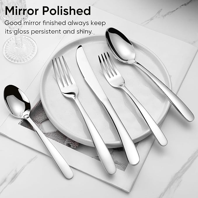 Herogo Heavy Duty Stainless Steel Silverware Set, 60-Piece Fancy Flatware Cutlery Set for 12, Modern Tableware for Home Restaurant Wedding, Heavy Eating Utensils, Mirror Polished, Dishwasher Safe