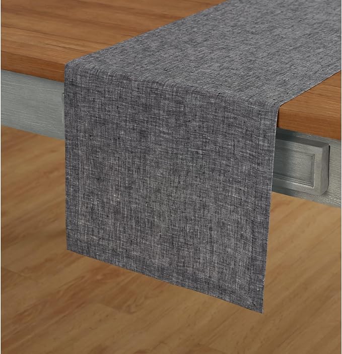 Solino Home Linen Table Runner 132 Inches Long - Athena, 100% Pure Linen Chambray Black 14 x 132 Inch Table Runner for Dining