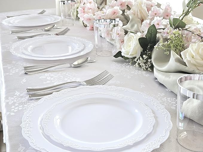 " OCCASIONS " 50 Plates Pack (25 Guests) Vintage Wedding Party Disposable Plastic Plate Set -25x10.25'' Dinner +25x7.5'' Salad/Dessert plates (Portofino Plain White)