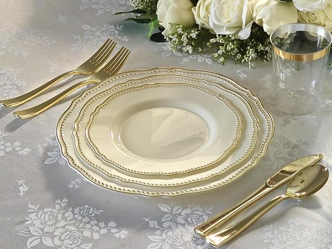 " OCCASIONS " 50 Plates Pack (25 Guests)-Heavyweight Wedding Party Disposable Plastic Plate Set -25 x 10.25'' Dinner + 25 x 7.5'' Salad/dessert plates (Rochelle Ivory and Gold)