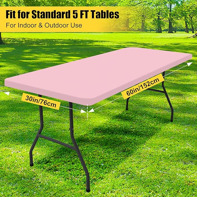 Smiry Rectangle Picnic Table Cloth, Waterproof Elastic Fitted Tablecloths for 5 Foot Tables, Washable Polyester Table Cover for Camping, Valentine's Day and Outdoor (Pink, 30"x60")