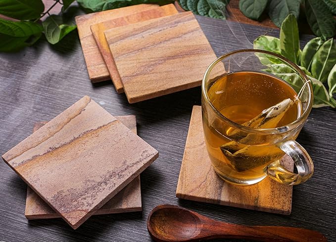 Sandstone Water Absorbent Hand Crafted Square Coasters for Drinks - 4 Inches Wide Thirsty Stone Bar/Drink Coasters- Made from Rainbow Sandstone (Set of 4 with Holder)