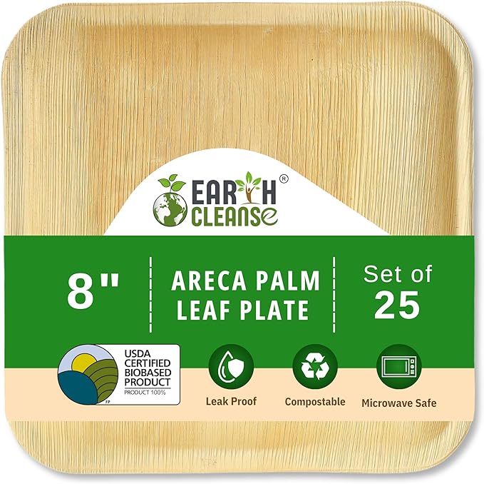Compostable 8 Inch Palm Leaf Square Plates (25 Count) Like Bamboo Disposable Plates | Biodegradable | Eco-Friendly, Microwave & Oven Safe | USDA Certified 100% Biobased