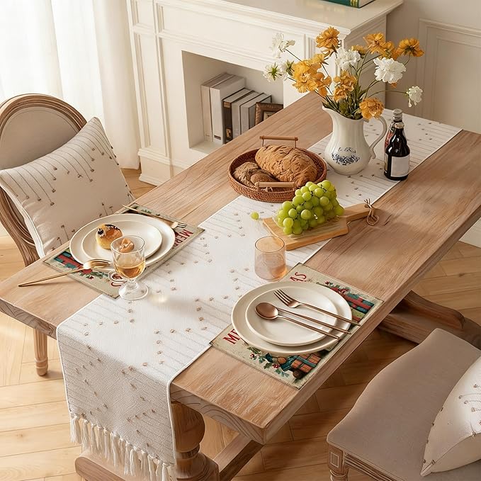 Table Placemats Set of 6, Waterproof Linen Fabric, Non-Slip Backing & Easy Clean, Elegant Dining Table Protectors for Family and Guests (Vintage Christmas Gnome)