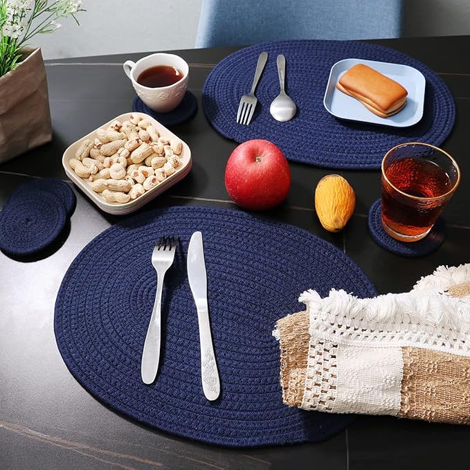 4 Pack Oval Woven Placemats, Blue Cotton Woven Plate Chargers with 4 Pack Round Coasters, Thick Heat Insulation Mats Household Table Mats Braided Bowl Mats Fabric Rustic Placemats for Dining